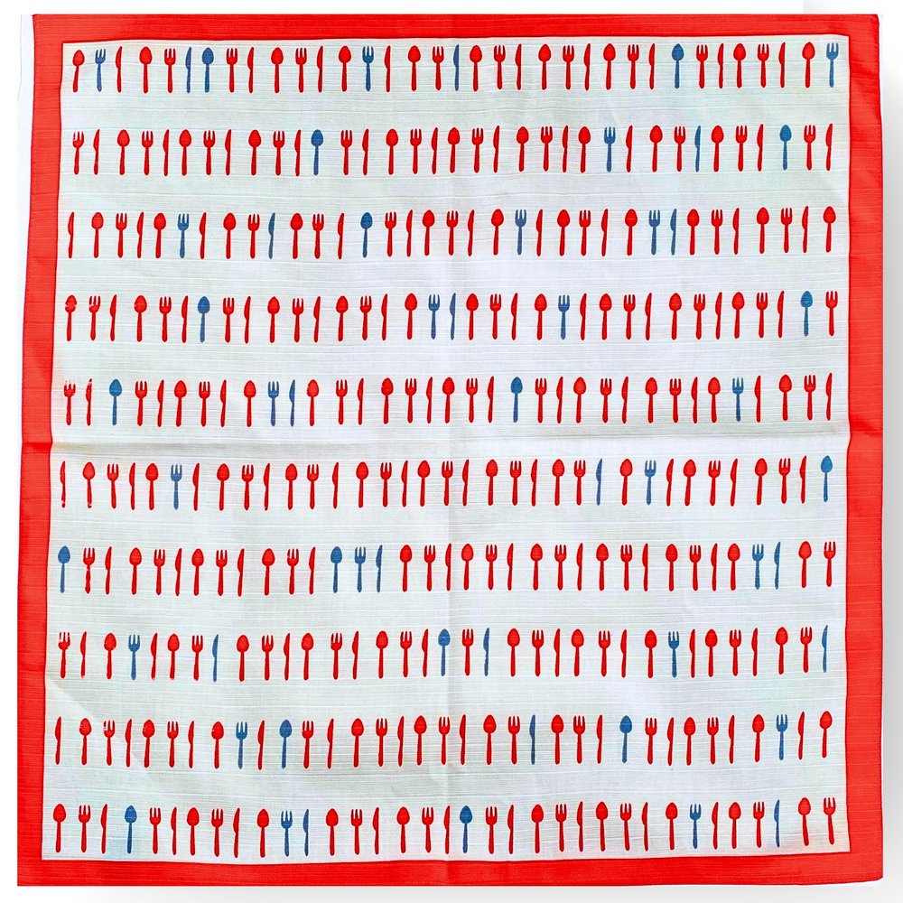 Manekineko-Ai Furoshiki Wrapping Cloth 100% Cotton fabric,Lunch cloth,Cutlery pattern,Red,Made in Japan 19.6"x19.6"