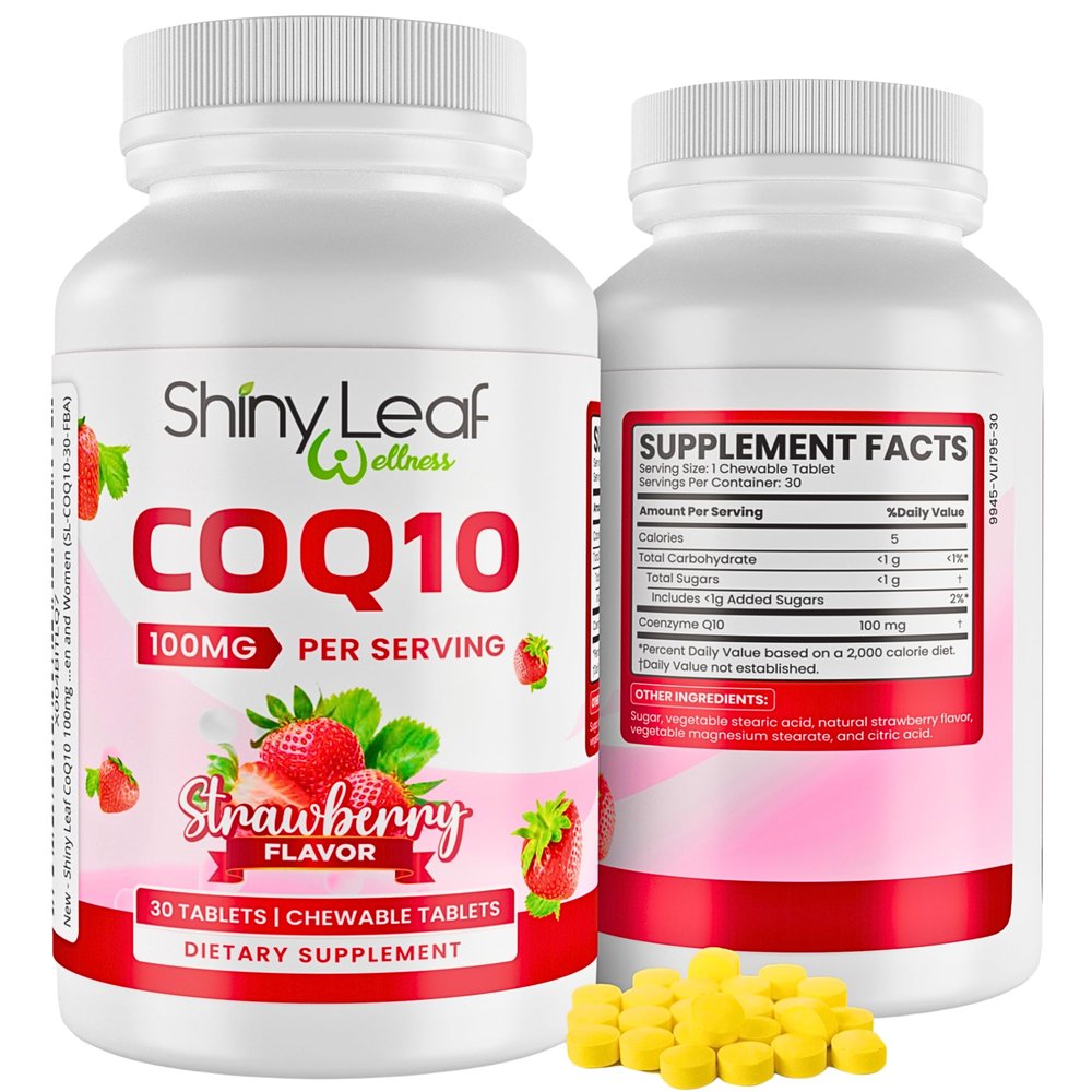 Shiny Leaf CoQ10 100mg - Chewable CoQ10 Supplement - Coenzyme Q10 for Heart Health & Energy - Natural Co Q 10 Supplement - For Cardiovascular Wellness - 100mg Chewable Tablets, 30 Tablets, Made in USA