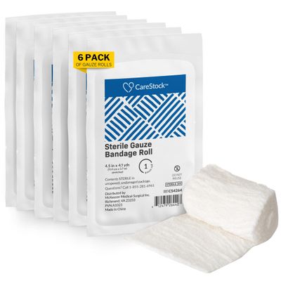 CareStock Gauze Rolls Bandage [Pack of 6] 4-1/2 in x 4-1/10 yds, Sterile Gauze Pads, Rolled Cotton Dressing, First Aid Wrap, Medical Grade Supplies