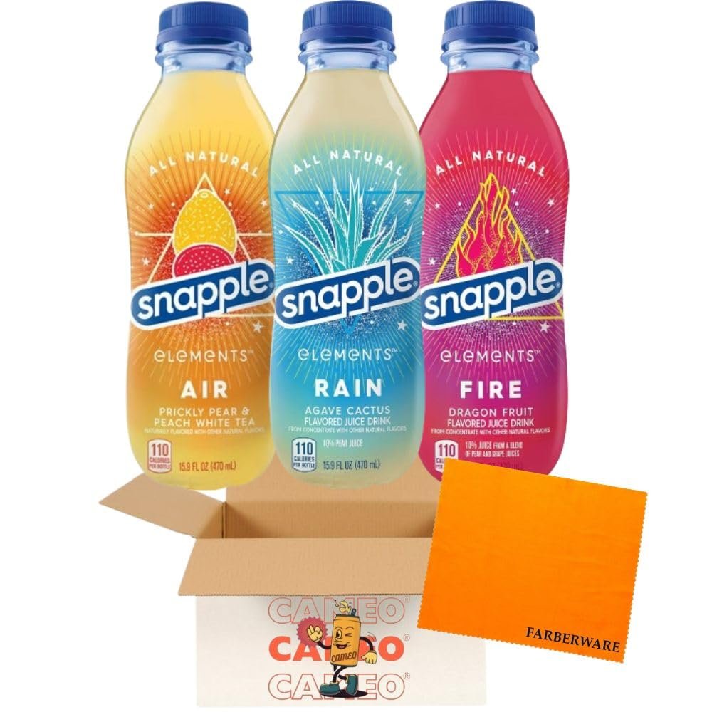[CAMEO] - SnappIe Elements Variety Pack | 3 Juice Flavors | Rain, Air, & Fire | 15.9 Fl Oz Recycled Plastic Bottle (9 Pack)
