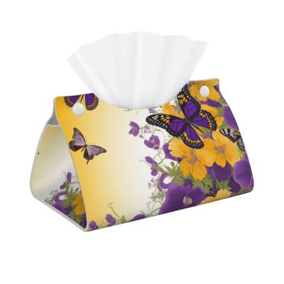 Tissue Box Cover Leather Tissue Box Holder Rectangular Facial Tissue Holder for Bathroom Modern Decorative Tissue Box Organizer Purple Yellow Floral Butterflies Car Tissue Holder for Home Office