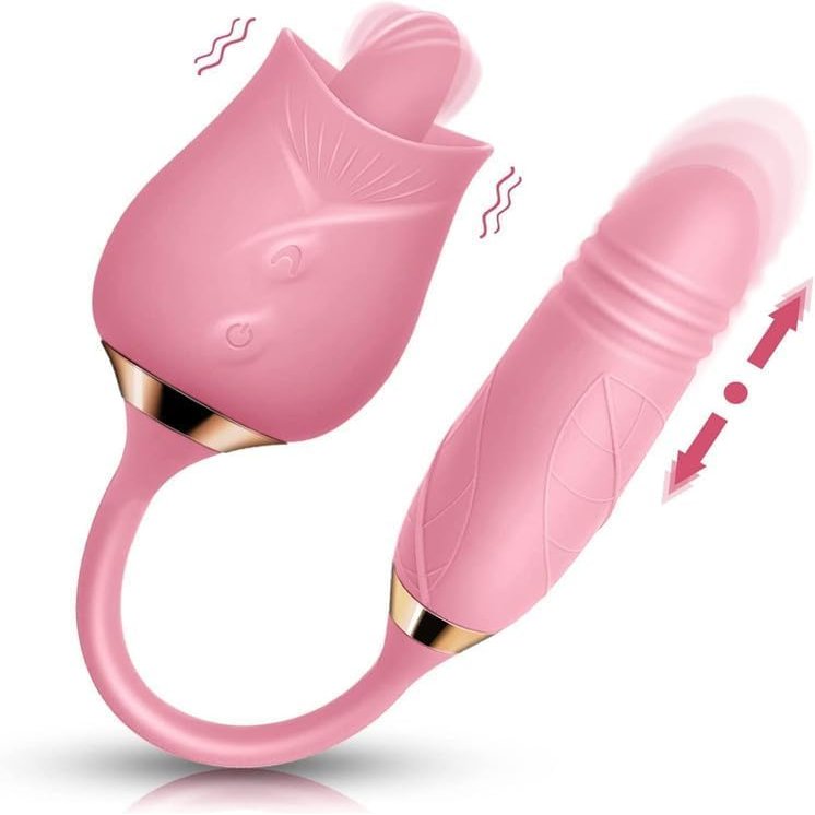 NineLife Basics Easy to Operate Rose Shape Toys Update Model 3 in 1 Rose Toy with Tongue Licking, Thrusting and Vibrating Adult Tools JA3+6 * 1, Roses-pink
