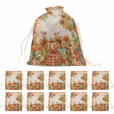 Victoroes Fall Drawstring Gift Bags 10 Pieces, 5" x 7" Small Pumpkin Flowers Maple Leaves Bow Linen Texture Gift Bag Reusable Fabric Wrap Bags for Seasonal Autumn Thanksgiving Holiday Decor