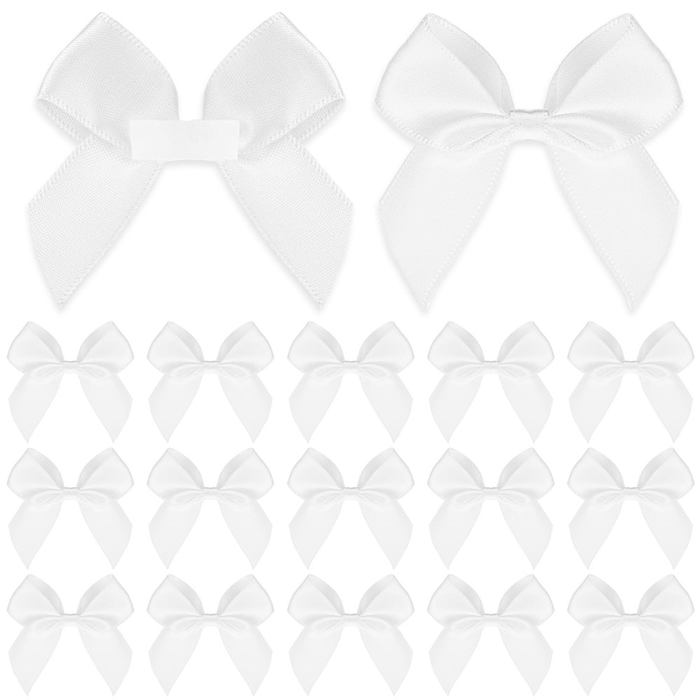 30PCS Small Bows for Crafts, Self Adhesive White Satin Bows for Gift Wrapping, 2" Bow Decorations Pre Tied Bows with Sticky Gel Pads for Birthday Party Wedding Decorations Craft Gift Bakery Candy Bags