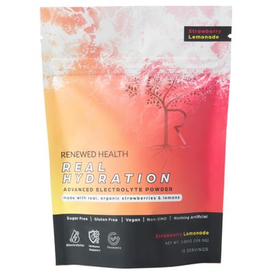 Real Hydration Advanced Electrolyte Powder - Made with Real Organic Fruits & Pink Salt - Zero Sugar & Vegan - Hydration, Immune, Energy & Recovery Support (15 Servings, Strawberry Lemonade)