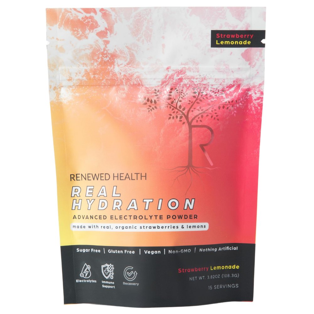 Real Hydration Advanced Electrolyte Powder - Made with Real Organic Fruits & Pink Salt - Zero Sugar & Vegan - Hydration, Immune, Energy & Recovery Support (15 Servings, Strawberry Lemonade)