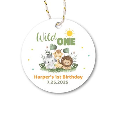 Emma Pink Studio Personalized Safari Birthday Gift Tags, Custom Jungle Animals Goody Bag Tags, Kids Birthday School Event Round Tags (2.5" - 12 tags/set)