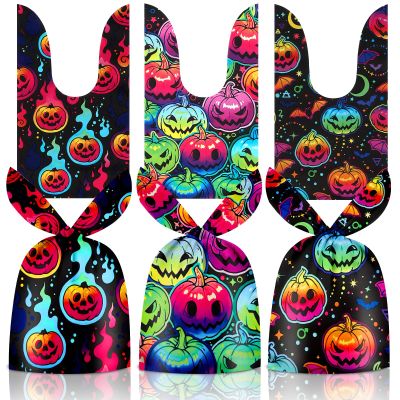 50 Pcs Halloween Goodie Bags - Happy Halloween Treat Bags, Halloweens Pumpkin Plastic Gift Bag Bulk, Cute Rabbit Ear Candy Goody Bags for Kids Helloween Party Decorations Favors Birthday Supplies