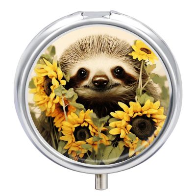 Sloth Sunflower Printed Pill Box Small Pill Case for Purse & Pocket 3 Compartment Travel Pill Boxes Metal Round Small Pill Organizer to Hold Vitamins, Medication, Fish Oil and Supplements