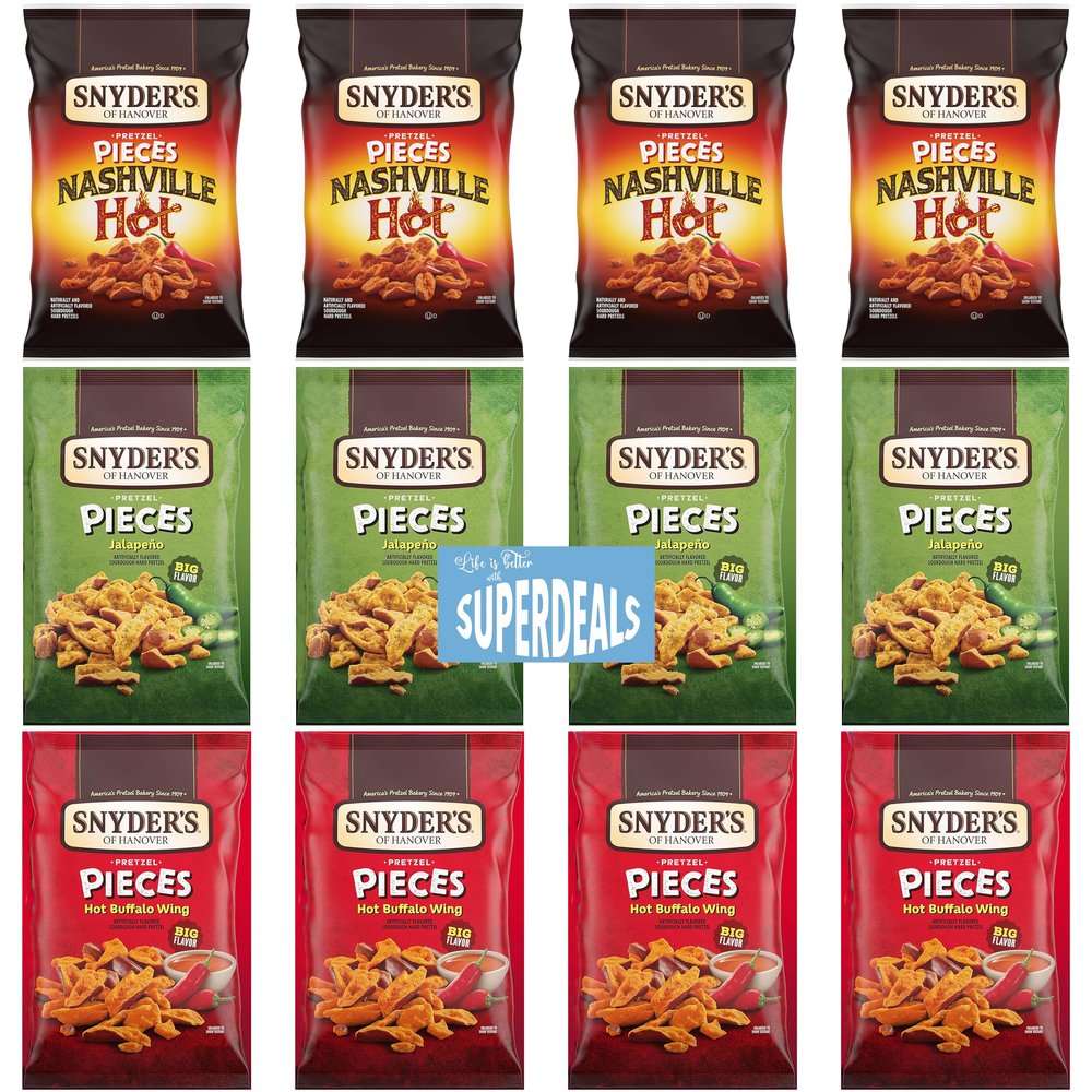 Snyder's of Hanover Pretzel Pieces, Spicy Variety 12 Pack bundled by SUPERDEALS 4 Nashville Hot, 4 Jalapeno, 4 Hot Buffalo Wing Pretzels, 2.25 Oz each bag, total 27 Ounces with mystery gift in every order