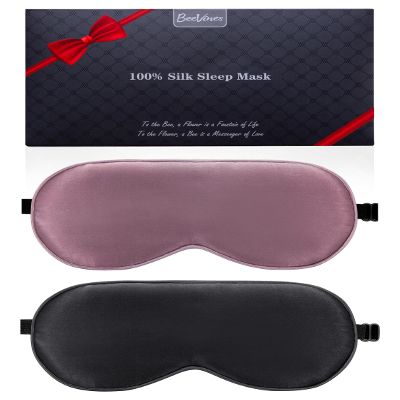 BeeVines 100% Real Mulberry Silk 2 Pack Sleep Mask, Pure Silk Eye Masks with Adjustable Strap for Sleeping, 100% Block Light Eye Shade Cover, Reduces Puffy Eyes Traveling Gifts(Black & Ruby Purple)