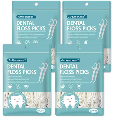 Adult Floss Stick, Floss Picks, 100 pcs per Bag, Comes with a Carrying case for 10 flossing Sticks, The Threads are Made of Special Material for Dental Floss4 Bags = 400 pcs.