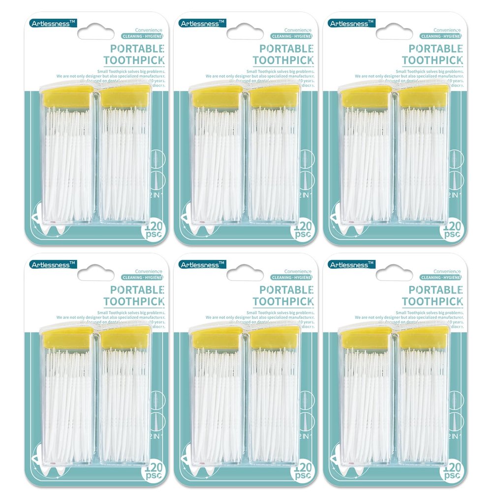 Artlessness Dual Purpose Toothpick2-in-1 Dual Purpose Adult Toothpick Interdental Brush,Easily removes Plaque and Food Debris with 120 per Box in Two Carrying Cases. 6 Boxes = 720 pcs.Real