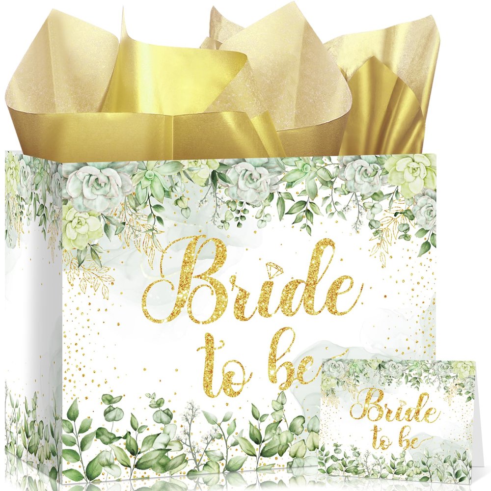 11.8 x9.44x5.31In Bride Gift Bag Sage Green Bridal Shower Gift Bags with Cards Tissue Paper Large Bridal Gift Wrapping Bag Bachelorette Engagement Wedding Shower Gift Bag for Sage Green Christmas Bride to Be Party Decoration