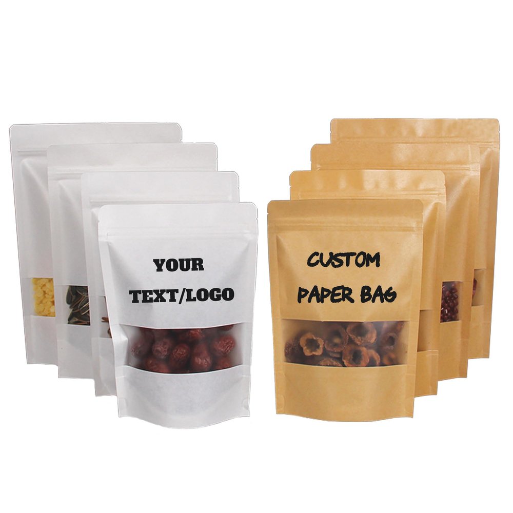 100PCS Custom Self-sealing Zip Paper Bags with Window, Personalized Reusable Kraft White Paper Pouch Bags for Food Packaging, Coffee Beans, Cookies, Small Business & Home Use (White Paper)