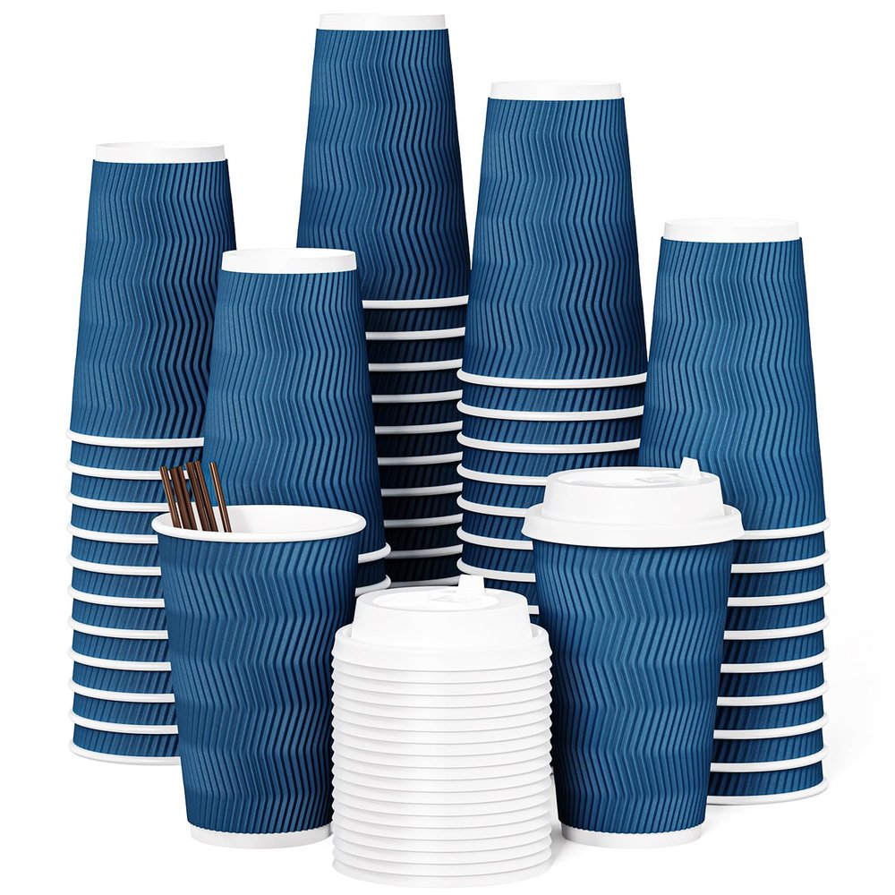 JOLLY CHEF 16oz Coffee Cups with Lids, 80 Pack Disposable Hot Paper Coffee Cups with Lids and Stirrers, Ideal for Travel, Office, Home, Cafe