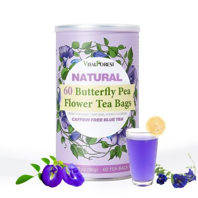 60 Dried Butterfly Pea Flower Tea Bags, VitalForest Butterfly Blue Pea Flower Tea, Premium Caffeine Free, Non-GMO, for Cooking, Iced Tea, Coolers, Cocktails and Mocktails