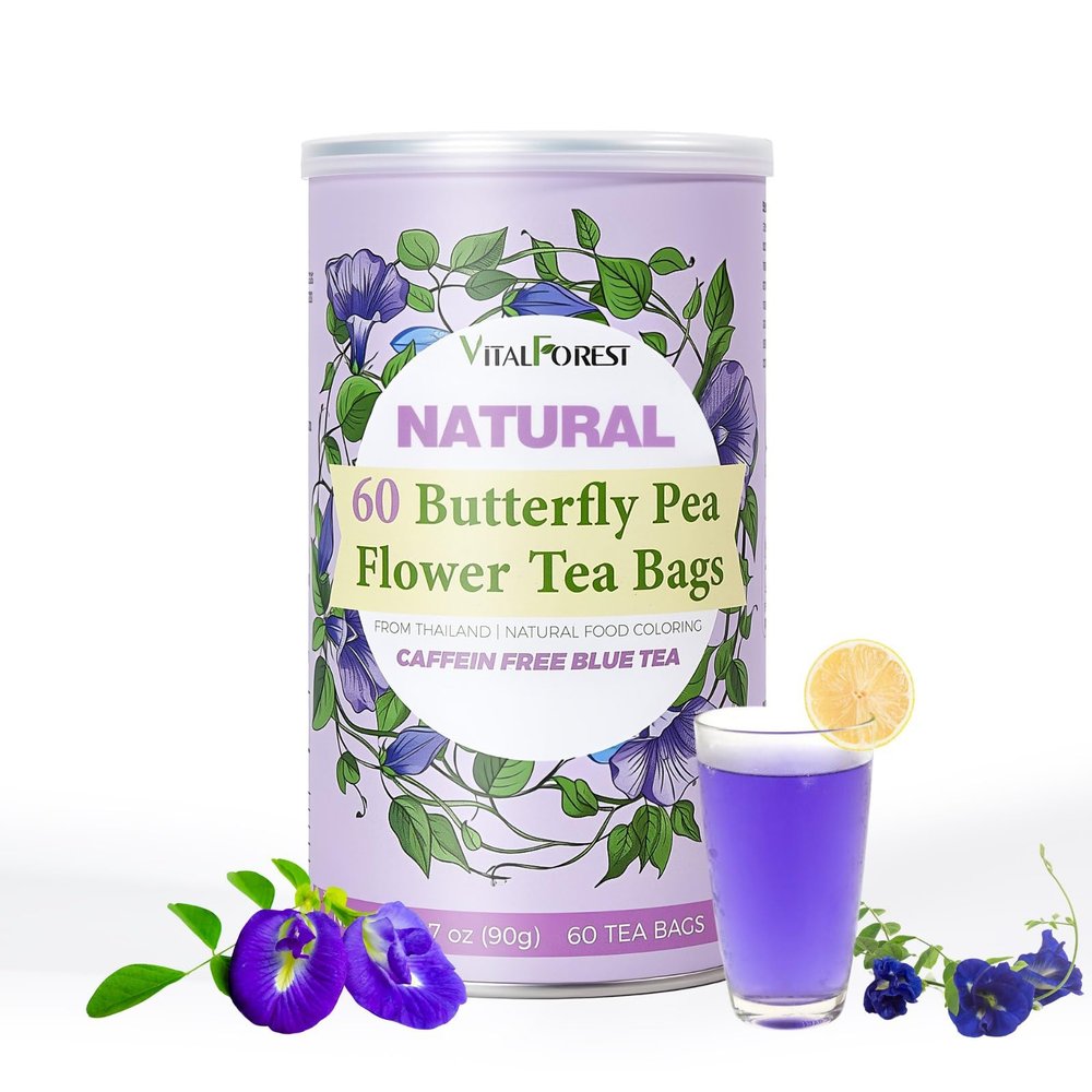 60 Dried Butterfly Pea Flower Tea Bags, VitalForest Butterfly Blue Pea Flower Tea, Premium Caffeine Free, Non-GMO, for Cooking, Iced Tea, Coolers, Cocktails and Mocktails