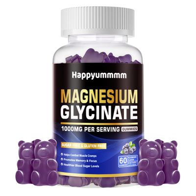 Magnesium Glycinate Gummies 1000mg - Sugar Free Magnesium Potassium Supplement with Vitamin D, B6, CoQ10 for Calm Mood & Sleep Support - 60 Blueberry Gummies