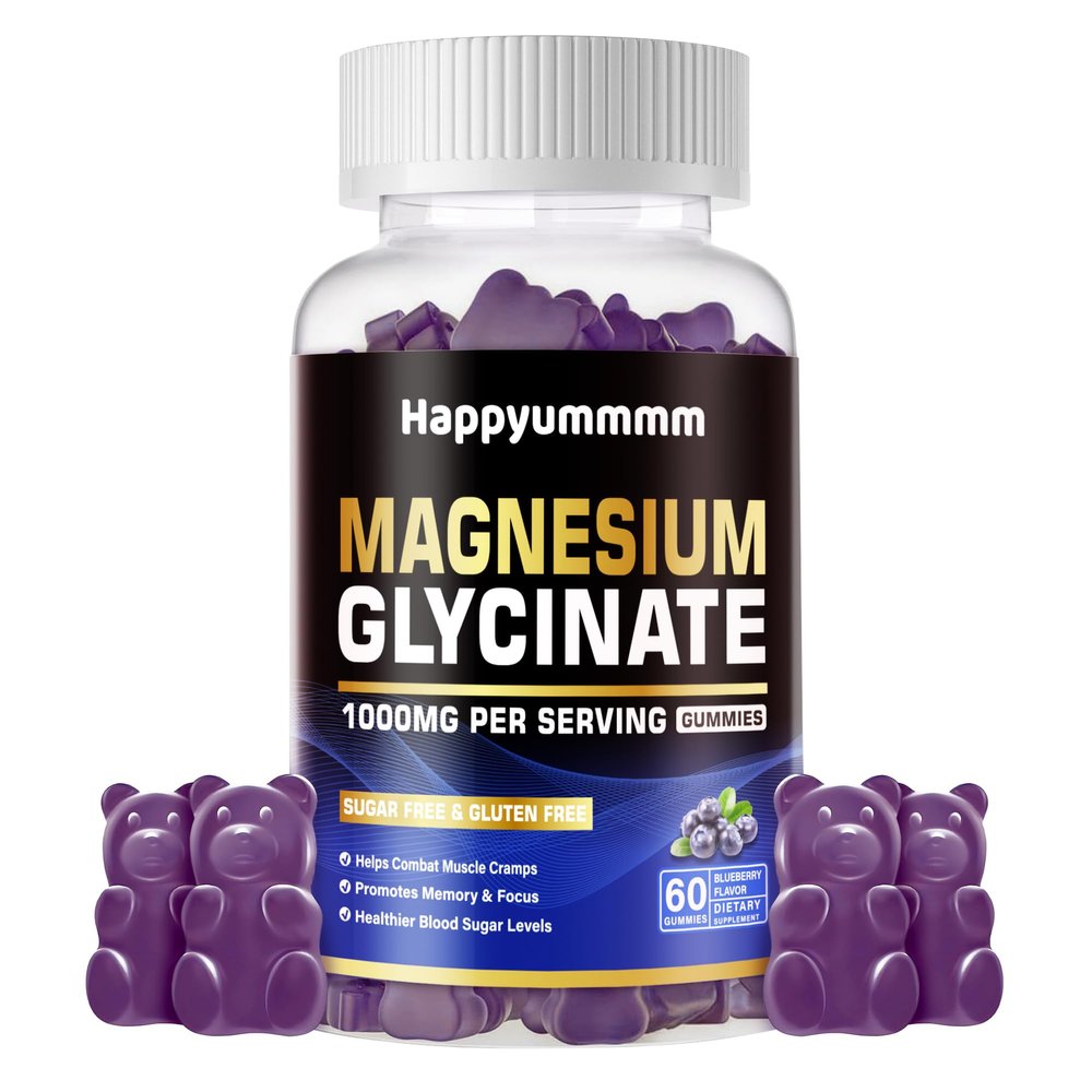 Magnesium Glycinate Gummies 1000mg - Sugar Free Magnesium Potassium Supplement with Vitamin D, B6, CoQ10 for Calm Mood & Sleep Support - 60 Blueberry Gummies