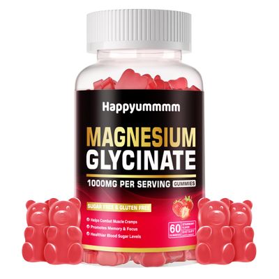 Magnesium Glycinate Gummies 1000mg - Sugar Free Magnesium Potassium Supplement with Vitamin D, B6, CoQ10 for Calm Mood & Sleep Support - 60 Strawberry Gummies.