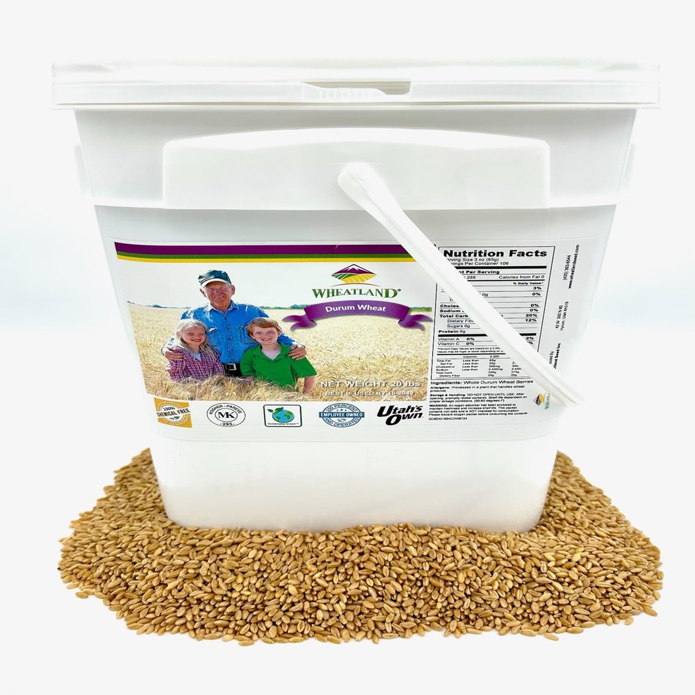 Durum Wheat Berries I Wheatland I 20lb Bucket I 25 Year Shelf Life I Tested Chemical Free I Non GMO I Kosher I Vegan I Mylar + 4 Gallon HDPE Bucket+ Oxygen Absorber I Farm Fresh Grown in the USA I Great for Pasta & Salads