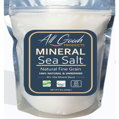 All Goods Products Mineral Sea Salt  Fine Grain, 8 oz, 100% Natural, Hand-Harvested, Loaded with 90+ Essential Minerals, 30% Less Sodium, Kosher, Unrefined.