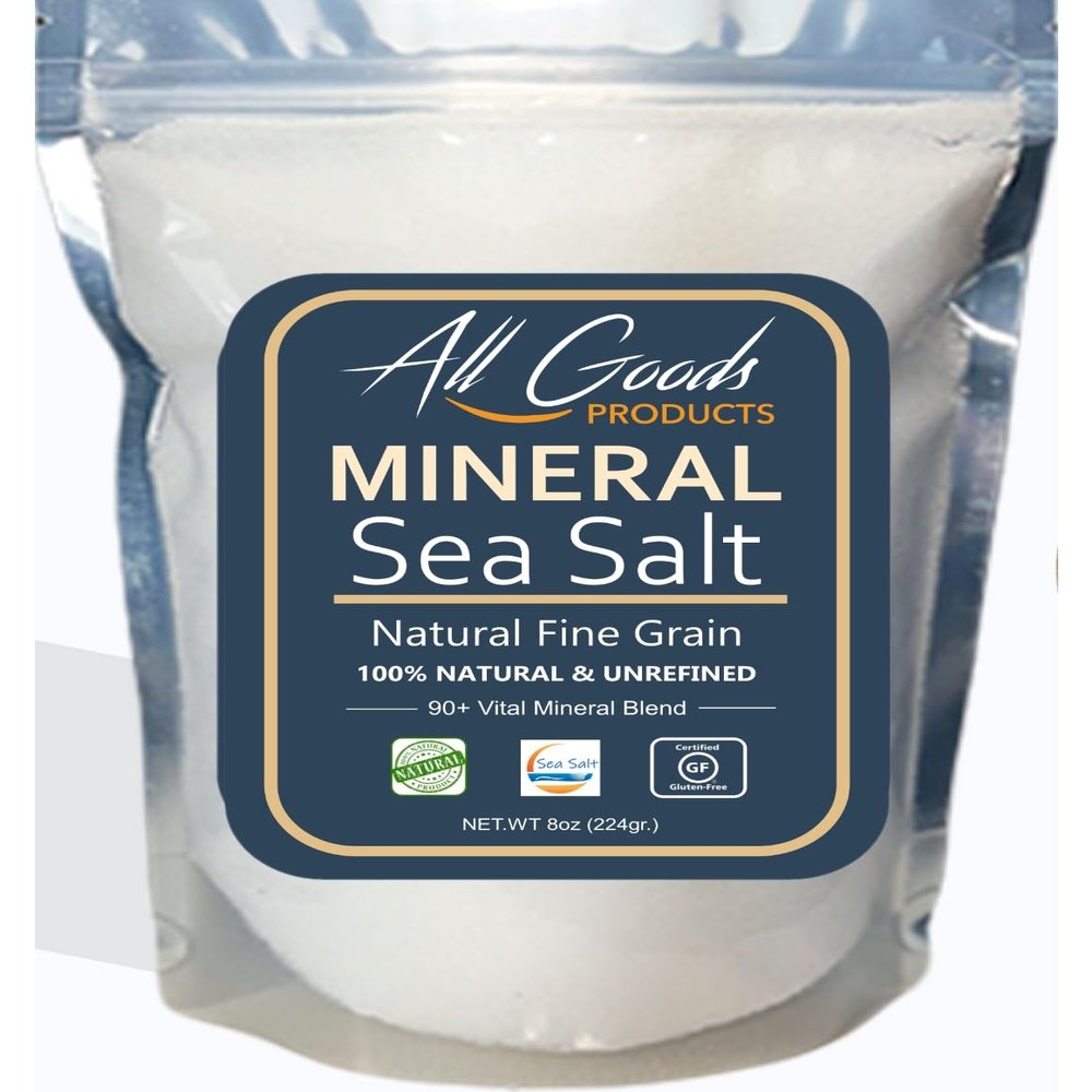 All Goods Products Mineral Sea Salt  Fine Grain, 8 oz, 100% Natural, Hand-Harvested, Loaded with 90+ Essential Minerals, 30% Less Sodium, Kosher, Unrefined.