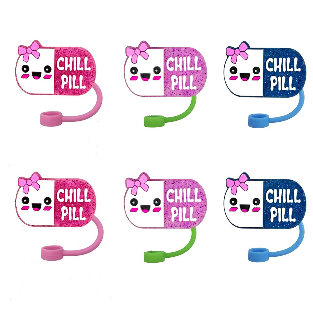 12pcs Bling Glitter Chill Pill Reusable Food Grade Silicone Straw Sleeve Caps, Suitable for Party Favors,Friends Gathering Stationery Birthday Party Favor, Dustproof Soft Straw Covers for 10mm Straws