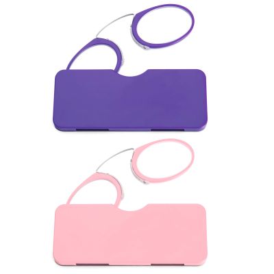 DXYXYO Mini Armless Reading Glasses Clip on Nose for Men Women 2 Pack Thin Compact Readers with Small Portable Case, 2.0 Pink and Purple