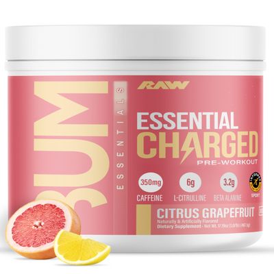 RAW Pre-Workout Powder, Essential CHARGED (Citrus Grapefruit) - Preworkout Supplement for Men, Women - Supports Focus, Mood, Performance - Caffeine, Alpha-GPC, L-Citrulline, Beta Alanine (25 Servings)