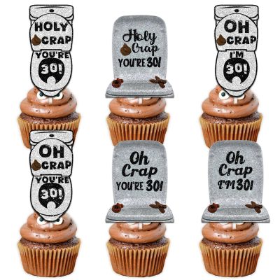 18pcs Glitter Poop Fly Toilet Dessert Cupcake Topper Pick for Funny 30! Theme Decor Supplies Men Women Happy 30th Birthday Party Decoration