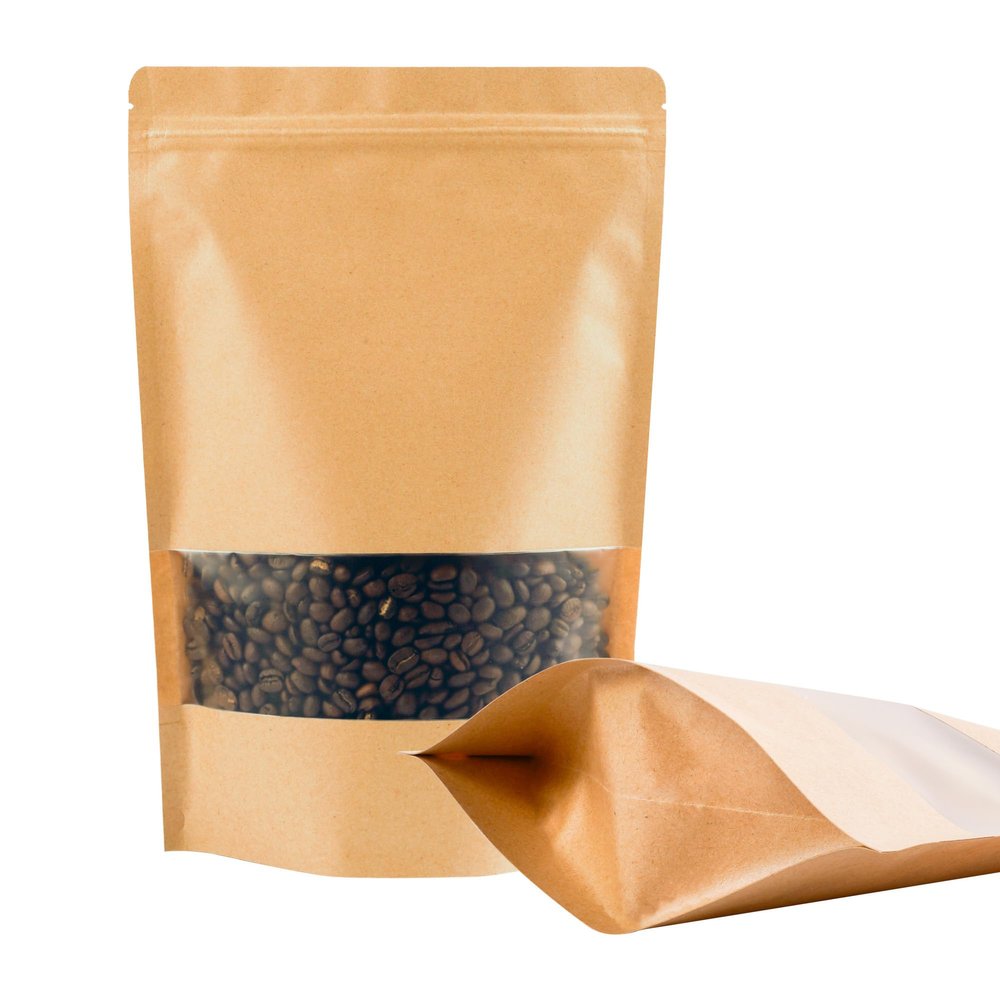 EIOFG Packaging 100PCS Kraft Paper Bags with Window(3.6" X 5.5"), Resealable Paper Bags for Food Storage, Stand Up Treat Bag Reusable for Candy, Cookie, Heat Seal Paper Bag for Small Business