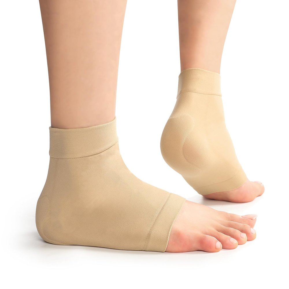 Achilles Tendon Heel Protector Compression Padded Sleeve Socks Premium Gel Heel Socks for Haglunds Bump, Bursitis, Tendonitis & Tenderness - 1 Pair - Beige - Regular Size