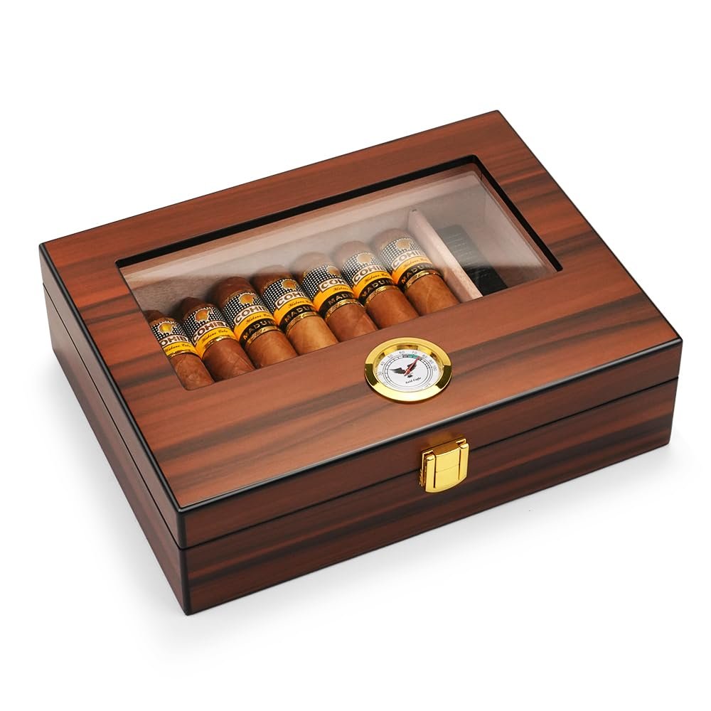 Bald Eagle Cigar Humidor Box, Glass Top Cedar Case with Humidifier Hygrometer, Handmade Desktop Box Holds 15-20 Cigars