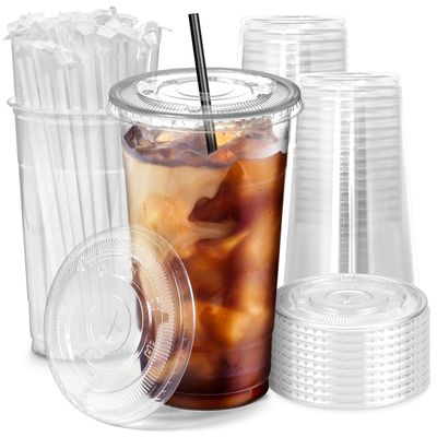 Fit Meal Prep 100 Pack 32 oz Plastic Iced Coffee Cups with Flat Lids and Black Straws, Disposable Clear Cup, BPA Free Cup for Party, Smoothie, Cold Drinks, Juice, Milkshake, Bubble Boba, Tea