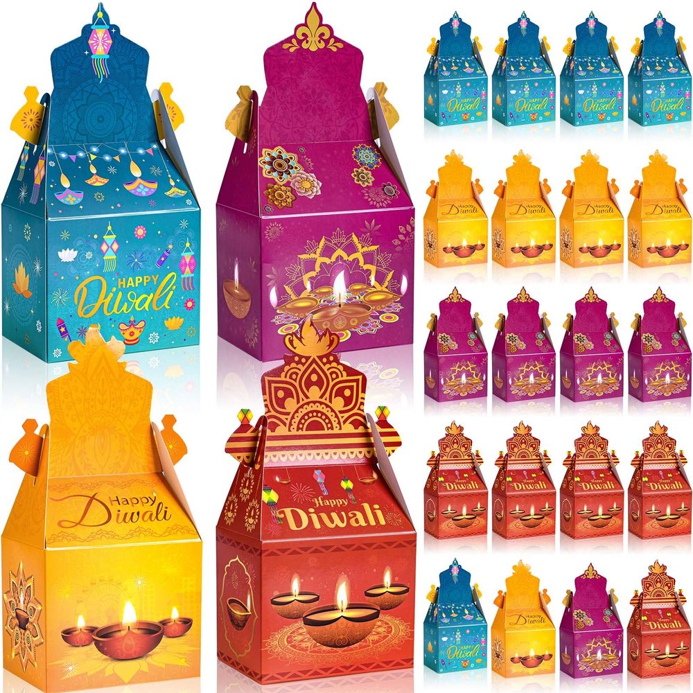 Bolsome 24Pack Happy Diwali Party Favor Boxes Rangoli Lantern Diya Pattern Treat Boxes Diwali Party GoodieGable Boxes for Indian Festival of Lights Party Decorations
