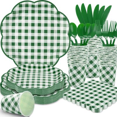 175 Pcs Green Gingham Plates and Napkins Party Supplies - Green and White Checkered Plates Sets Serve 25 Guests - Scalloped Gingham Paper Plate for Birthday Picnic BBQ Golf Party Decorations