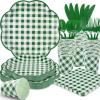 175 Pcs Green Gingham Plates and Napkins Party Supplies - Green and White Checkered Plates Sets Serve 25 Guests - Scalloped Gingham Paper Plate for Birthday Picnic BBQ Golf Party Decorations view 1