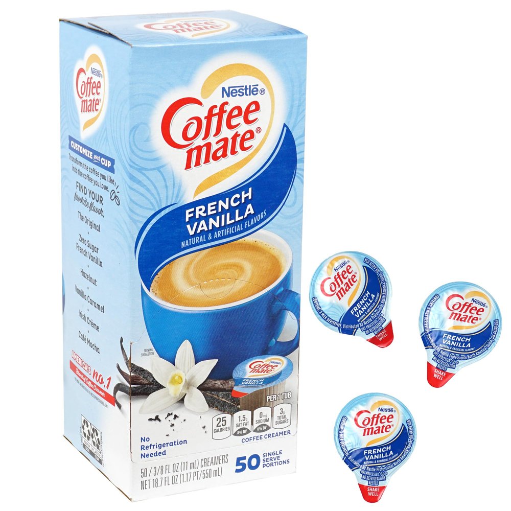 French Vanilla Liquid Coffee Creamer Singles, 50 Cream Singles Serve Box (18.7 Fl Oz.), Coffee Creamer Packets