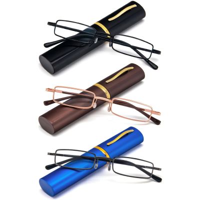 REAVEE 3 Pack Slim Pen Reading Glasses Small Tube Stylish Readers for Men Women Spring Hinged with Portable Clip Case, Black Brown Blue 3.25