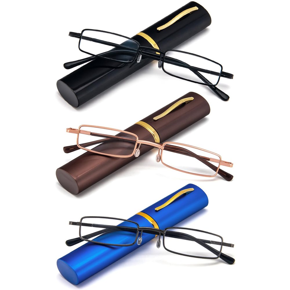 REAVEE 3 Pack Slim Pen Reading Glasses Small Tube Stylish Readers for Men Women Spring Hinged with Portable Clip Case, Black Brown Blue 3.25