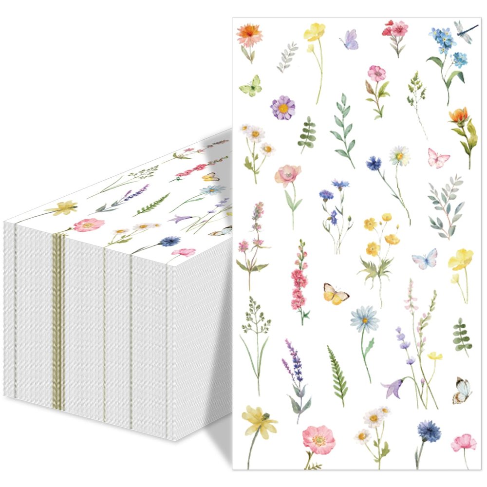 50pcs Wildflower Napkins - Disposable Floral Guest Napkins with Butterfly Decorative Paper Flowers - Perfect for Bathroom, Home, Kitchen, Wedding, Bridal, Baby Shower, Birthday & Tea Party Decorations