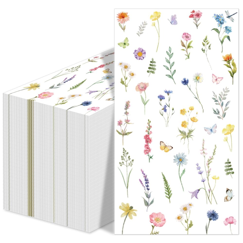 100Pcs Wildflower Napkins Party Decorations Disposable Floral Cocktail Napkins Butterfly Decorative Paper Flower Napkins Guest Bathroom Hand Towels for Wedding Bridal Baby Shower Birthday Tea Party