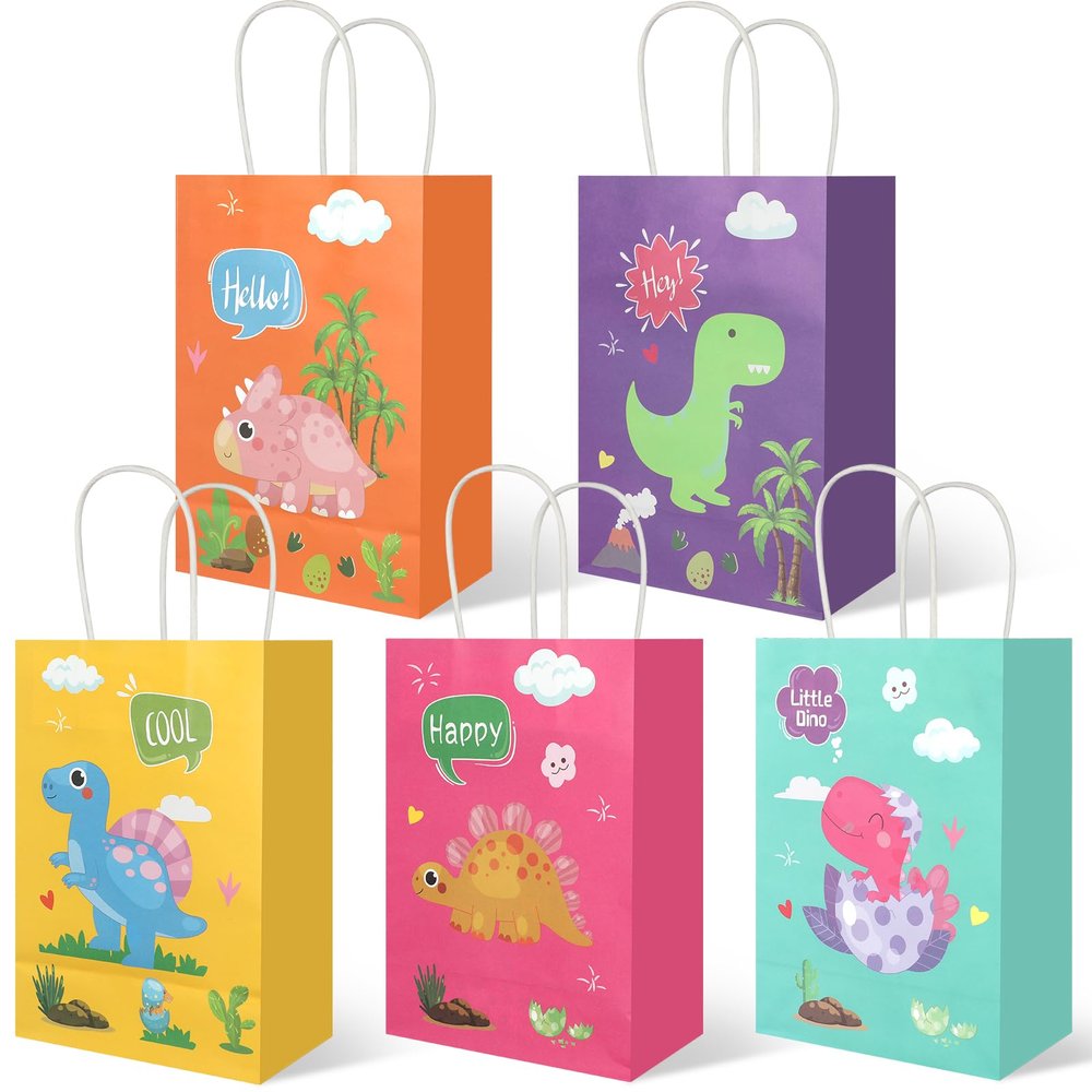 20Pcs Dinosaur Party Favor Bags with Handles, Cartoon Dinosaur Kraft Paper Gift Wrap Bags, Kids Goodie Treat Bags for Boys Girls Dinosaur Theme Birthday Baby Shower Party Supplies