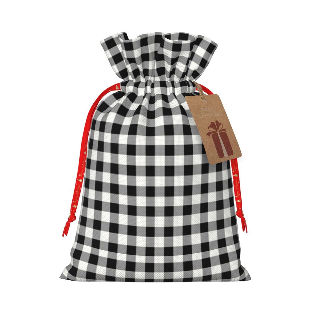 Augenstern Burlap Drawstring Bag Gingham-Black-White-Tartan Reusable Present Wrapping Sack Xmas Holiday Party Favor Bag Small