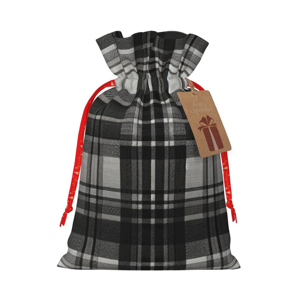 Augenstern Burlap Drawstring Bag Grey-Black-Tartan Reusable Present Wrapping Sack Xmas Holiday Party Favor Bag Small