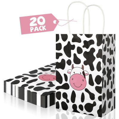 20Pcs Cow Party Favors Bags with Handles, Farm Themed Kraft Paper Gift Bags Candy Bags, Cute Cow Print Goodie Bags for Girls Boys Birthday Baby Shower
