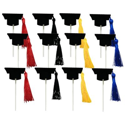 12Pcs Graduation Cap Cupcake Toppers Dessert Mini Cake Decoration Graduation Cap with Tassel Cakecup Insert Topper Decoration for Graduation Theme Party Supplies, Black