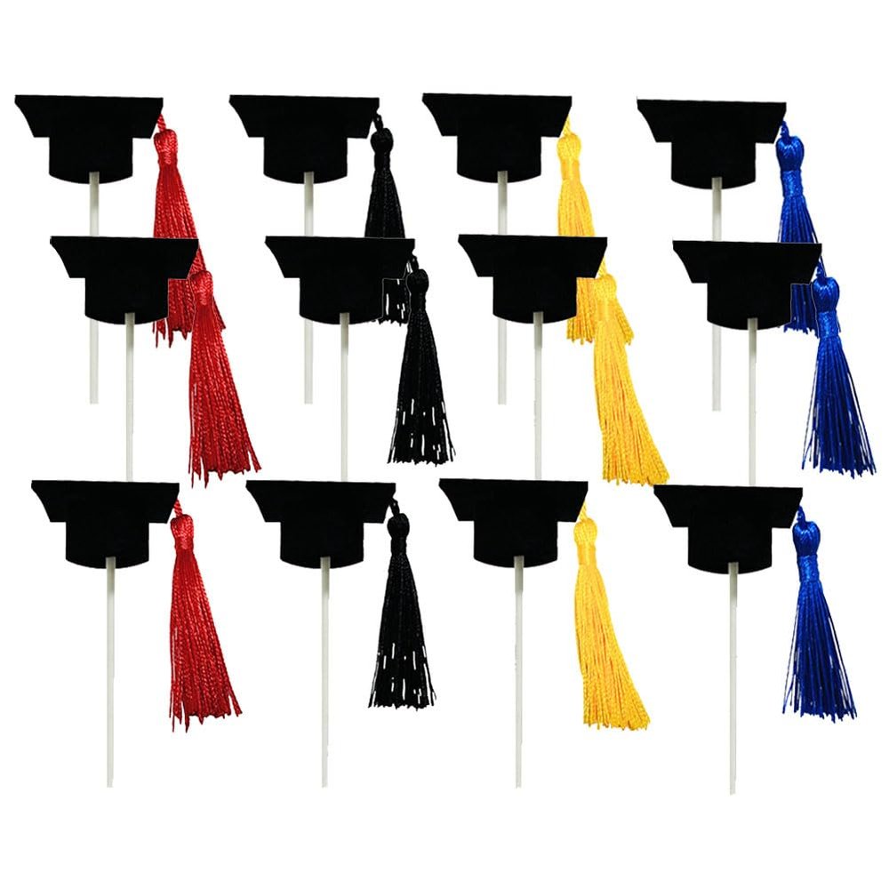 12Pcs Graduation Cap Cupcake Toppers Dessert Mini Cake Decoration Graduation Cap with Tassel Cakecup Insert Topper Decoration for Graduation Theme Party Supplies, Black